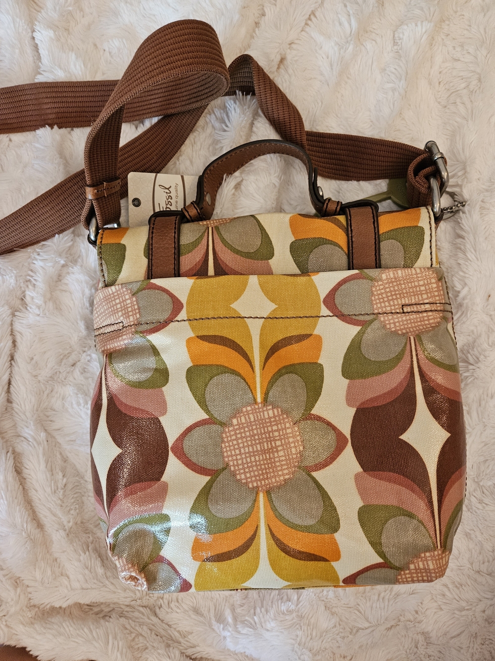 Fossil☆Key-Per☆Retro Floral Canvas Crossbody Bag in Brown and Mustard - Picture 4 of 13
